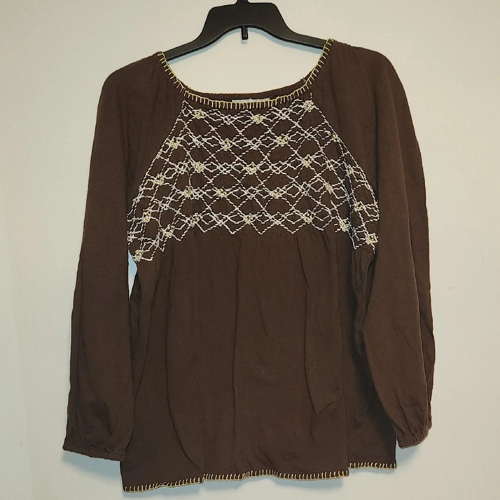 Roaman's Brown Jersey Cotton Smocked Bodice & Embroidered Long Sleeve Top  2X